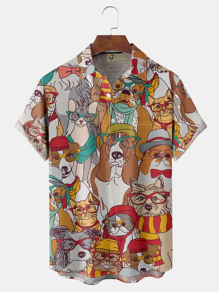 Animal Dog Chest Pocket Short Sleeve Casual Shirt, Khaki, Men Shirts