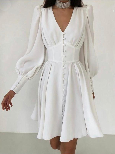 Regular Fit Elegant Plain V Neck Dress, White, Midi Dresses