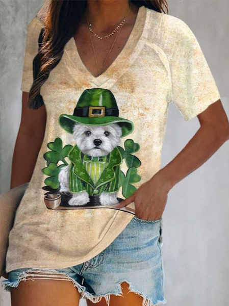 V Neck Casual Regular Fit Animal T-Shirt, Multicolor, T-Shirts