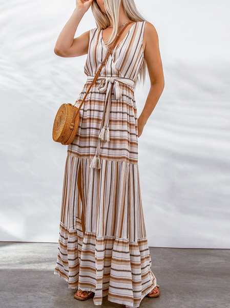 

Casual V Neck Striped Regular Fit Dress With Belt, Apricot, Maxi Dresses