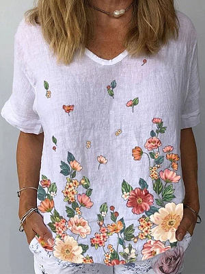 Floral Crew Neck Loose Casual Top, White, Tees & T-shirts