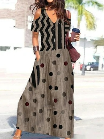 Vacation Cold Shoulder Geometric Dress, Multicolor, Dresses