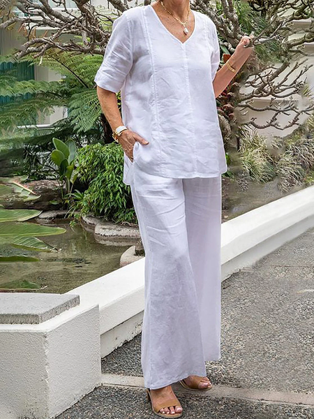 Casual Loose Cotton-Blend Two-Piece Set, White, Suits
