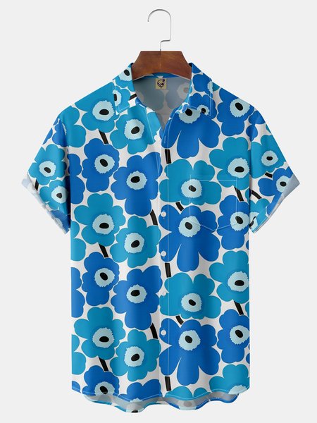 Flowers Chest Pocket Short Sleeve Hawaiian Shirt, Blue, Men Shirts