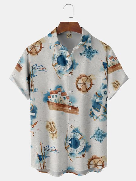 Anchor Chest Pocket Short Sleeve Hawaiian Shirt, White-gray, Men Shirts