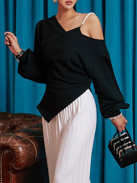 Elegant Chain Plain Regular Fit Cold Shoulder Top, Black, Blouses and Shirts