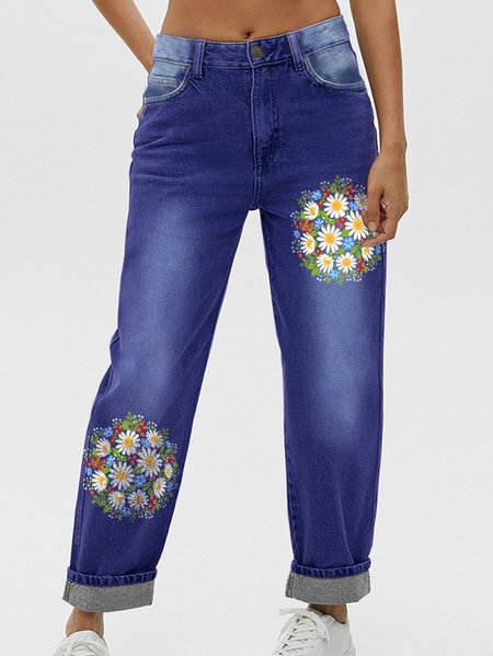 Casual Loose Daisy Jeans, Blue, Jeans
