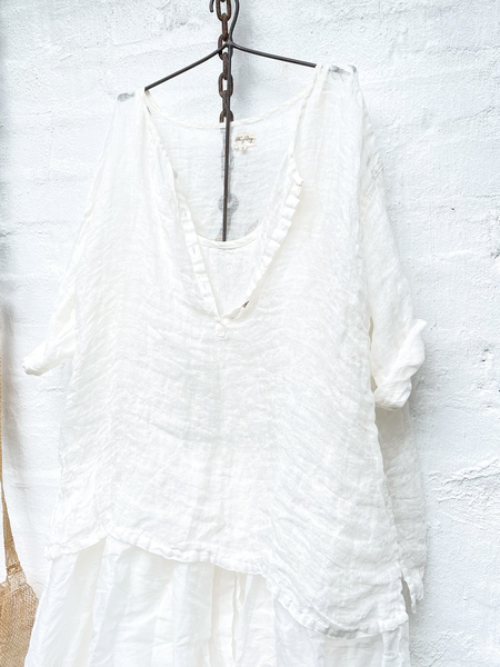 Casual Regular Fit V Neck Cotton And Linen Top, White, Tunics