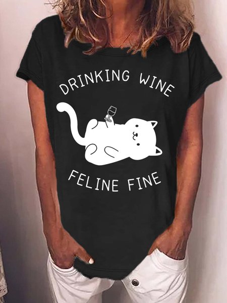Women’s Drinking Wine Feline Fine Casual Crew Neck T-Shirt, Black, T-shirts