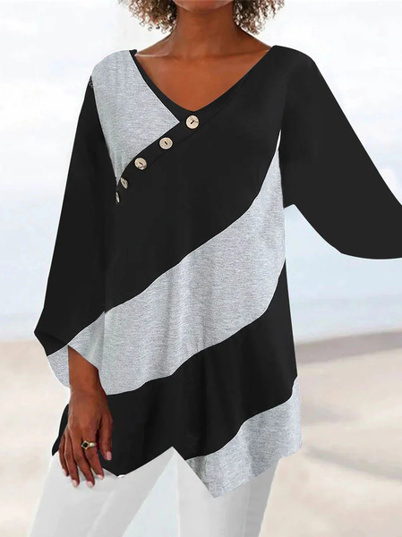 Loose Casual Color Block V Neck T-Shirt, Black, T-Shirts