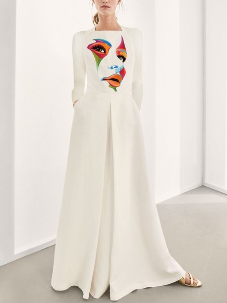 Square Neck Simple Regular Fit Face Dress, White, Maxi Dresses