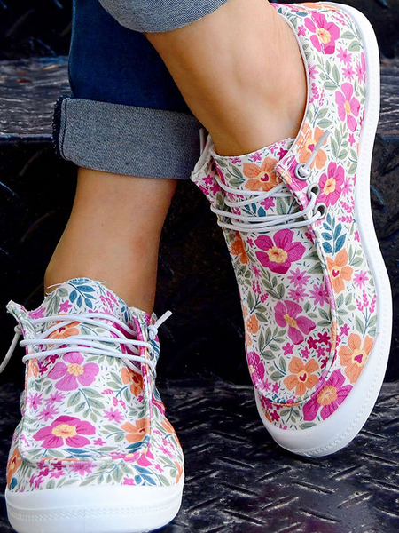 2023SS Floral Leaf Graphic-Print Denim Lace-Up Canvas Flats, Light pink, Women Shoes