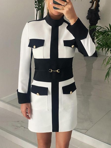 Color Block Tight Elegant Long Sleeve Mini Dress, Black-white, Mini Dresses