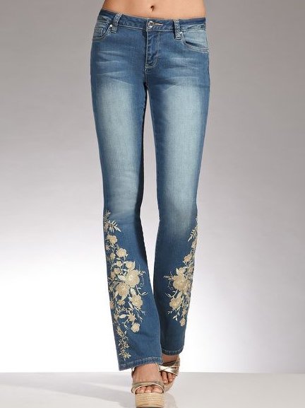 Floral Regular Fit Casual Jeans, Blue, Jeans