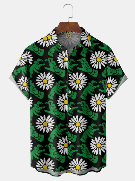 Funky Daisy Chest Pocket Short Sleeve Hawaiian Shirt, Black, Men Shirts
