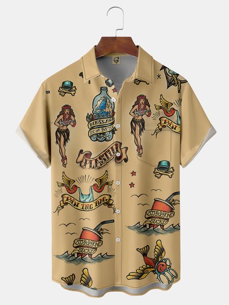 Hula Girl Tattoo Sticker Chest Pocket Short Sleeve Hawaiian Shirt, Khaki, Men Shirts