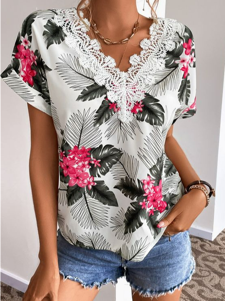 Floral Crew Neck Regular Fit Boho Shirt, White, Shirts & Blouses