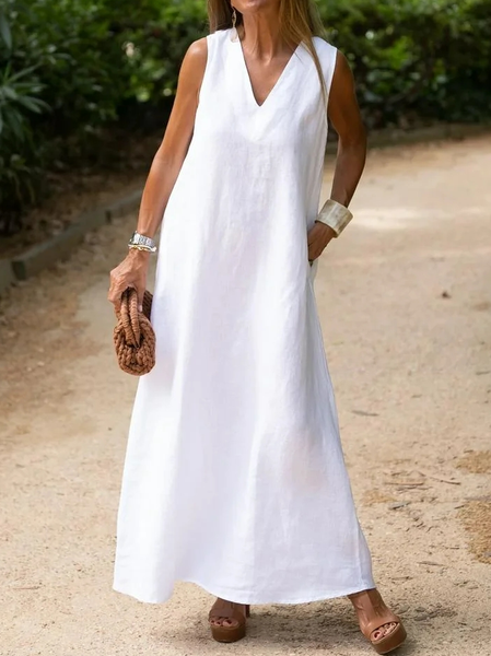 Casual Plain Loose V Neck Dress, White, Dresses