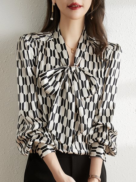 Long sleeve Geometric Regular Fit Elegant Blouse, Black, Blouses and Shirts