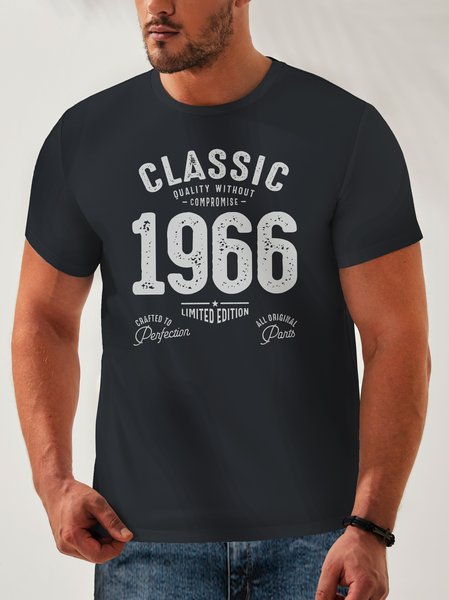 Cotton Letter Round Neck Casual T-Shirt, Deep blue, Men's t-shirts