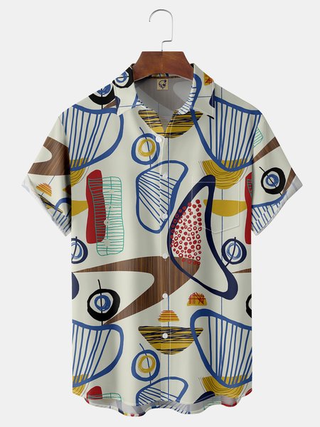 Geometric Chest Pocket Short Sleeve Casual Shirt, Apricot, Men Shirts