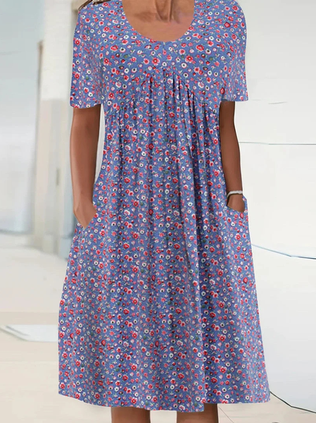 Ditsy Floral Crew Neck Loose Casual Dress, Purple, Dresses