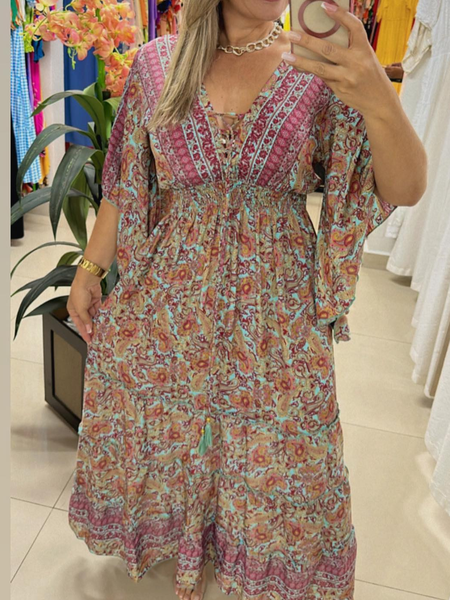 Boho V Neck Nationality/Ethnic Loose Dress, Multicolor, Dresses