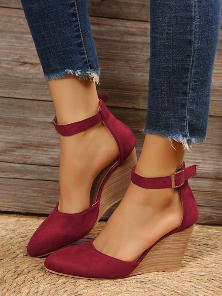 

Simple Plain Ankle Strap Wedge Sandals, Wine red, Sandals