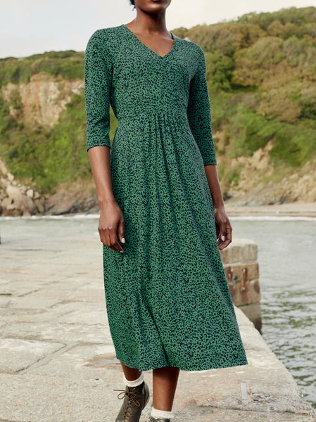 Polka Dots Regular Fit Boho V Neck Dress, Green, Dresses