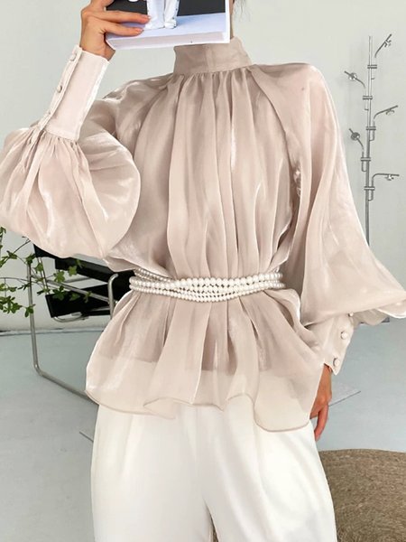 Plain Elegant Long Sleeve Blouse, Light pink, Blouses and Shirts