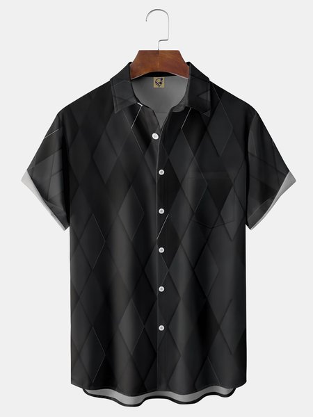 Ombre Geometric Chest Pocket Short Sleeve Casual Shirt, Black, Men Shirts