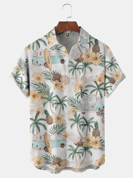 Coconut Tree Chest Pocket Short Sleeve Hawaiian Shirt, White, Men Shirts