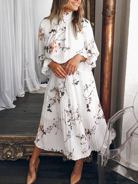 Regular Fit Turtleneck Chiffon Elegant Dress, White, Midi Dresses