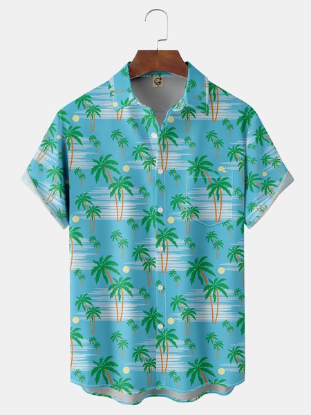 Coconut Tree Chest Pocket Short Sleeve Hawaiian Shirt, Blue, Men Shirts