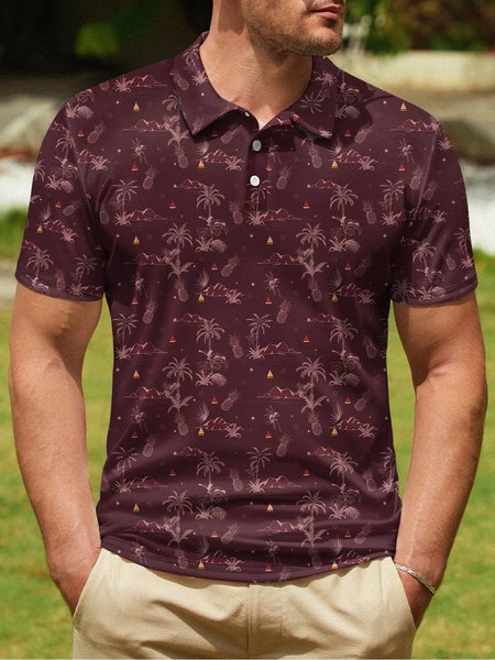 Coconut Tree Button Short Sleeve Golf Polo Shirt, Datered, Polo Shirts
