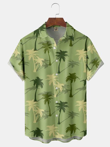 Coconut Tree Chest Pocket Short Sleeve Hawaiian Shirt, Green, Men Shirts