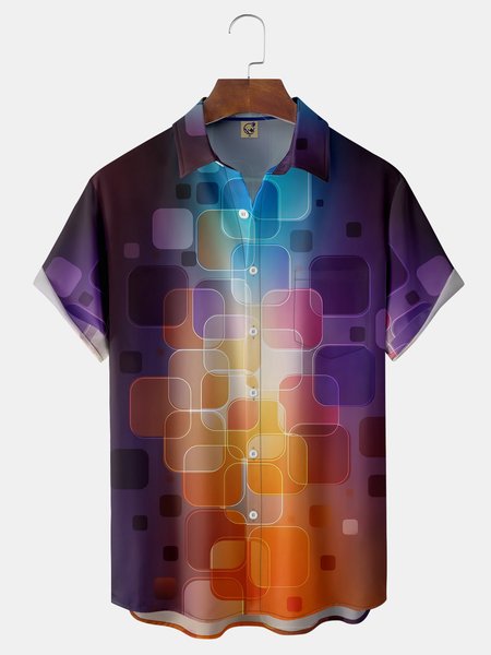 Geometric Chest Pocket Short Sleeve Casual Shirt, Purple, Men Shirts