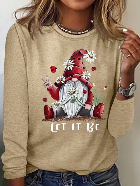 Women's Hippie Let It Be Gnome Print Casual Shirt, Khaki, Long sleeves