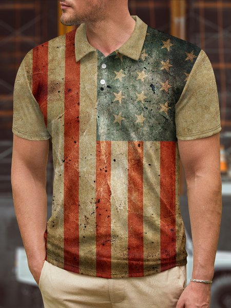Ombre American Flag Short Sleeve Polo Shirt, Khaki, Polo Shirts