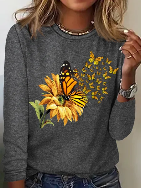 Women's Butterfly Sunflowers Print Casual Crew Neck Shirt, Gray, Long sleeves 
Women's Butterfly Sunflowers Print Casual Crew Neck Shirt, Gray, Long sleeves