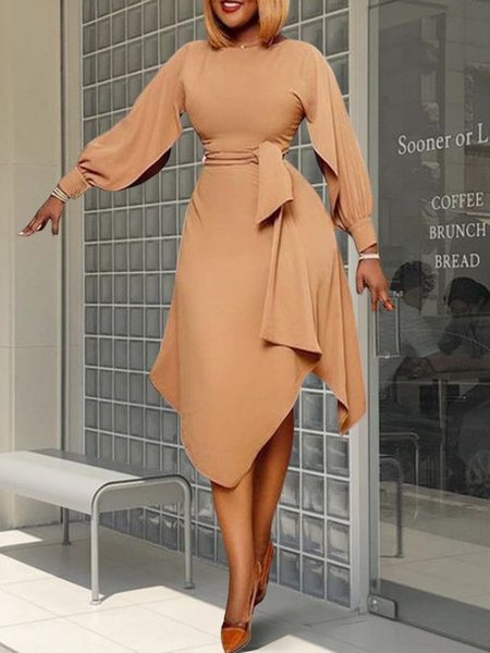 Plain Elegant Long sleeve Micro-Elasticity Dress, Apricot, Midi Dresses