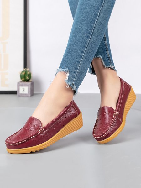 

Plain Hollow out Moccasin Wedge Loafers, Wine red, Flats
