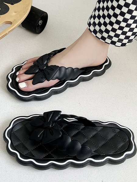 Comfortable Soft Sole Bowknot Flip Flops Beach Vacation Sandals, Black, Slippers