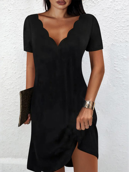 Plus Size Casual Solid V neck Short Sleeve Knit Dress, Black, Dresses