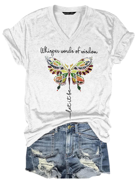 Women's Whisper Wisdom Let It Be Butterfly V Neck Text Letters Casual T-Shirt, White, T-shirts