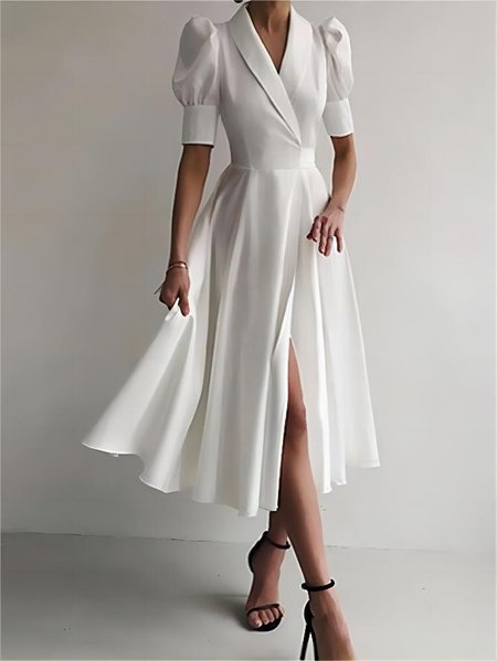 Elegant Plain Regular Fit No Elasticity Regular Size Dress, White, Midi Dresses