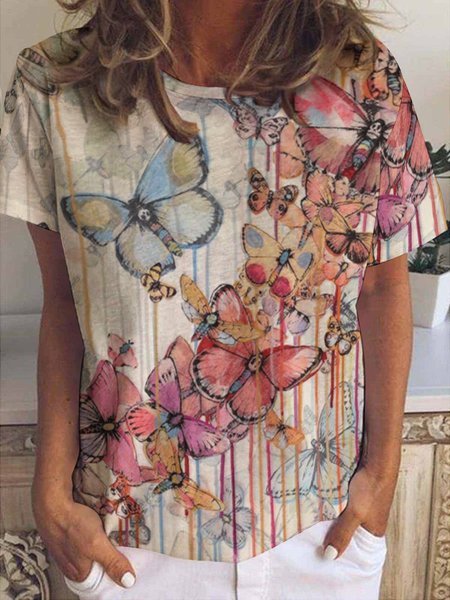 Women’s Butterfly Painting Casual Crew Neck T-Shirt, As picture, T-shirts