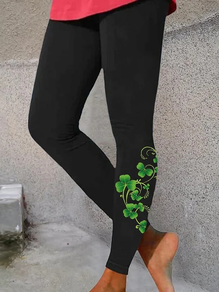 Saint Patrick's Day Print Casual Leggings, Black, Leggings