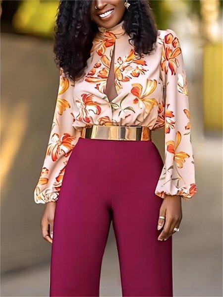 Floral Elegant Long sleeve Micro-Elasticity Blouse, As picture, Blouses and Shirts