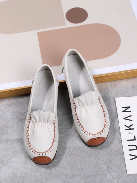 Stitched Panel Leather Soft Flats, Off white, Flats